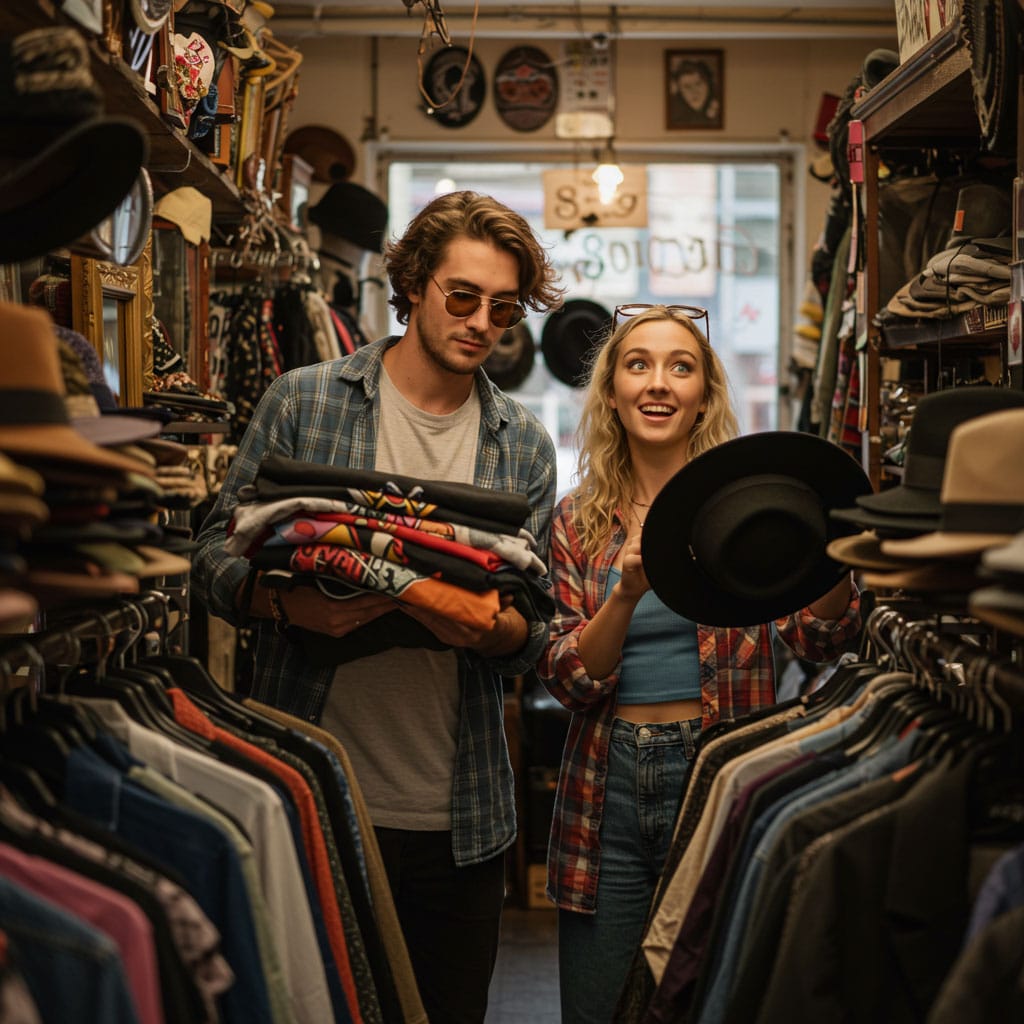 Thrift store with various clothing and accessory items